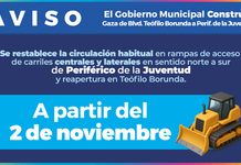 Anuncia Municipio restablecimiento de la circulación en accesos de periférico de la Juventud y avenida Teófilo Borunda